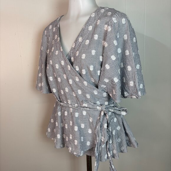 LOFT Wrap Top Medium Blue White Striped Polka Dot Short Sleeve Cotton Blouse - Picture 3 of 9